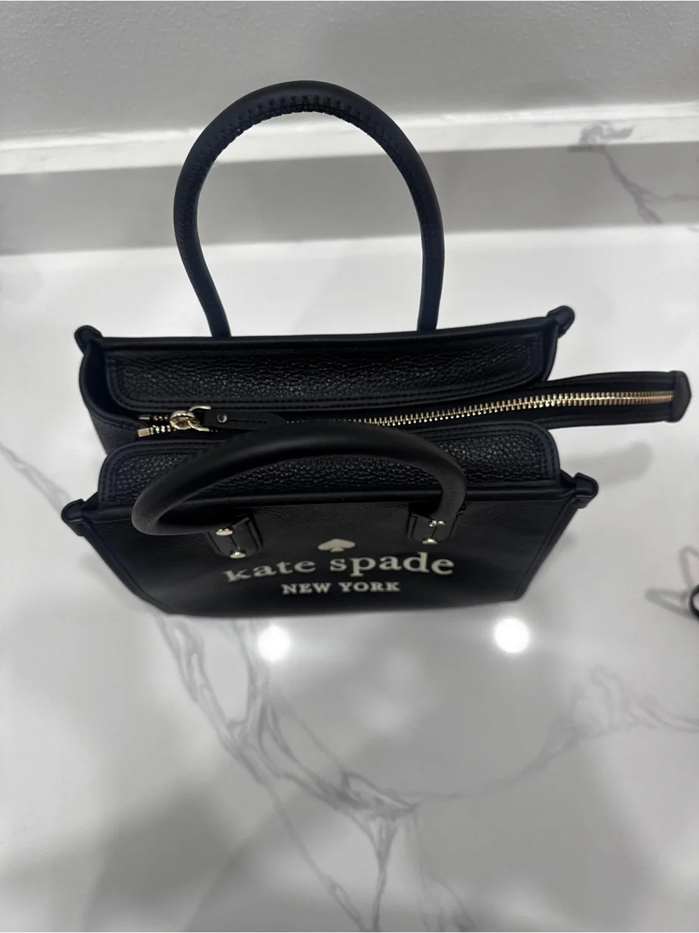 kate spade Black Leather Logo Satchel with Cream Accents